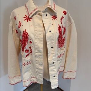 Zara Cream Jean Jacket with Red Embroidered Floral Design